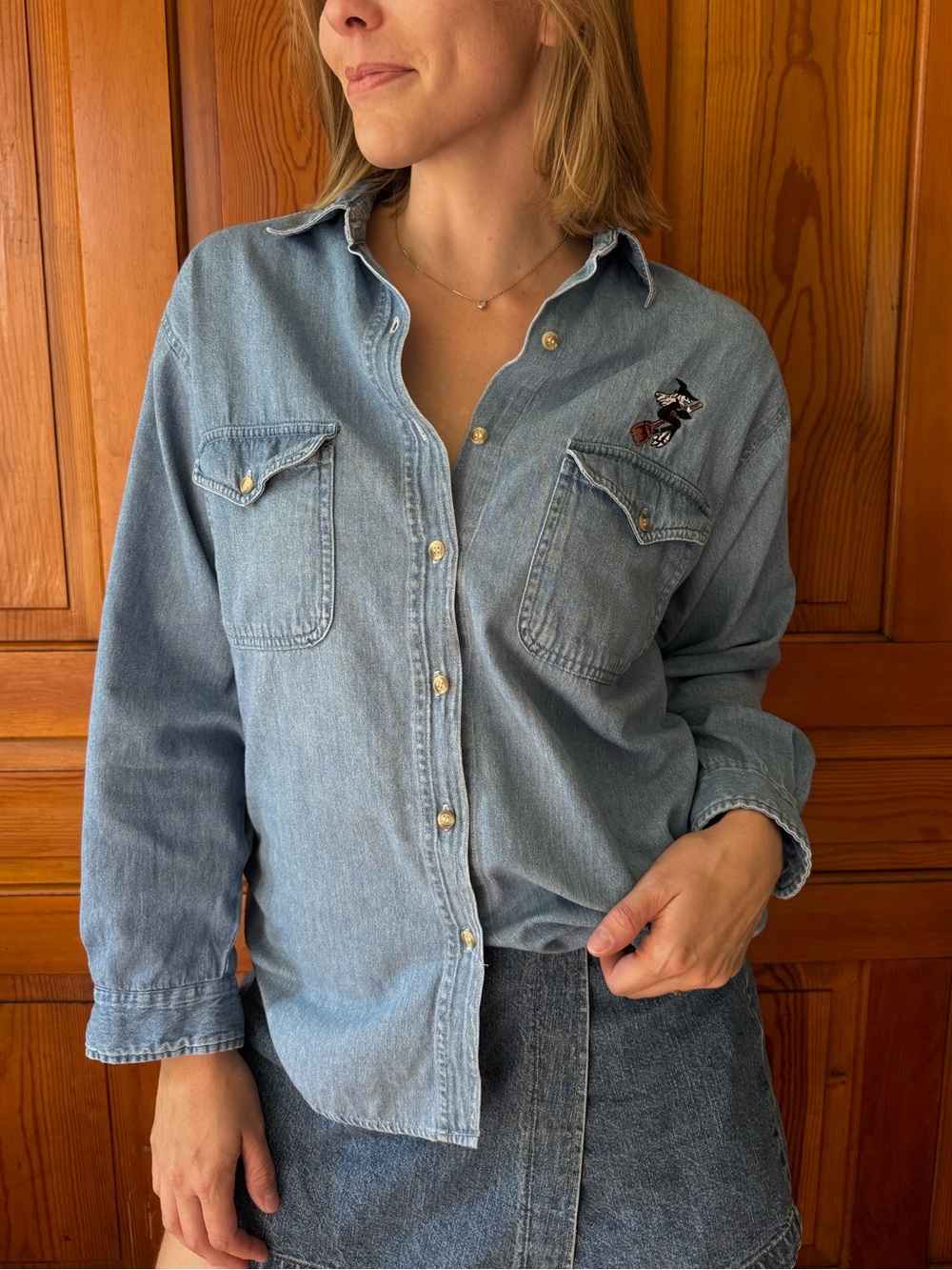 Denim Witchy Embroidered Halloween Button-Down
